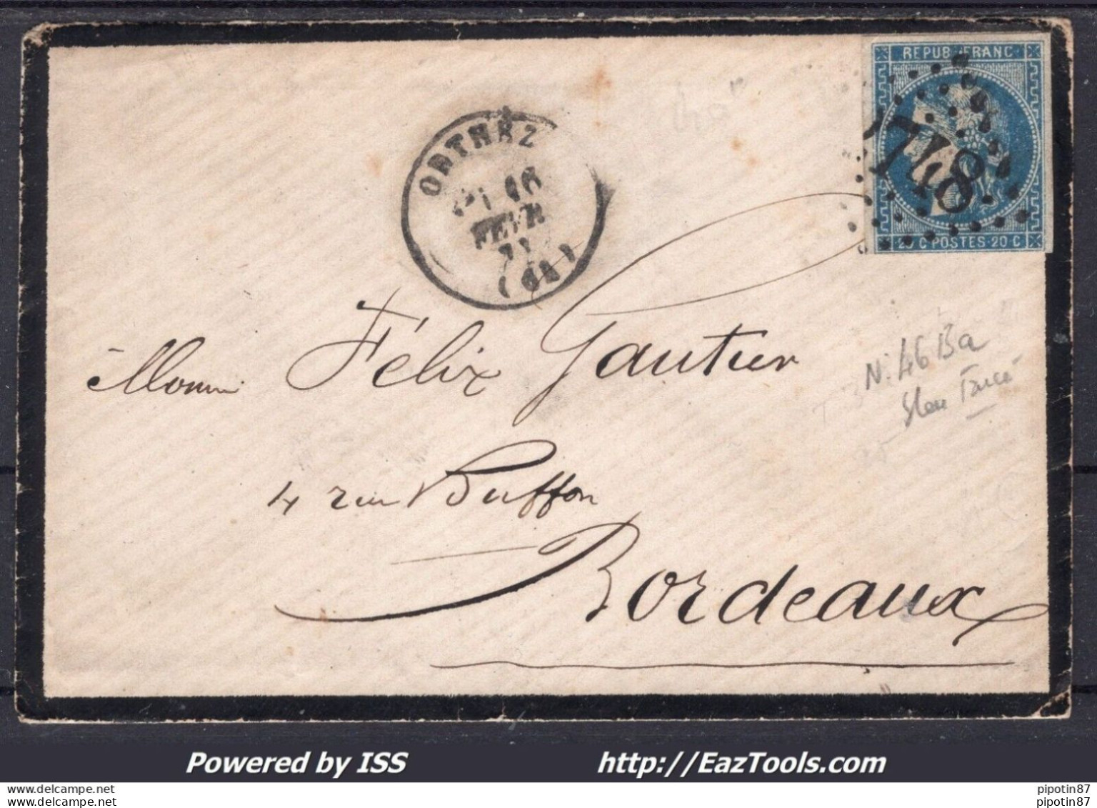 FRANCE N° 46Ba BLEU FONCÉ SUR LETTRE GC 2748 ORTHEZ + CAD DU 16/02/1871 - 1870 Ausgabe Bordeaux