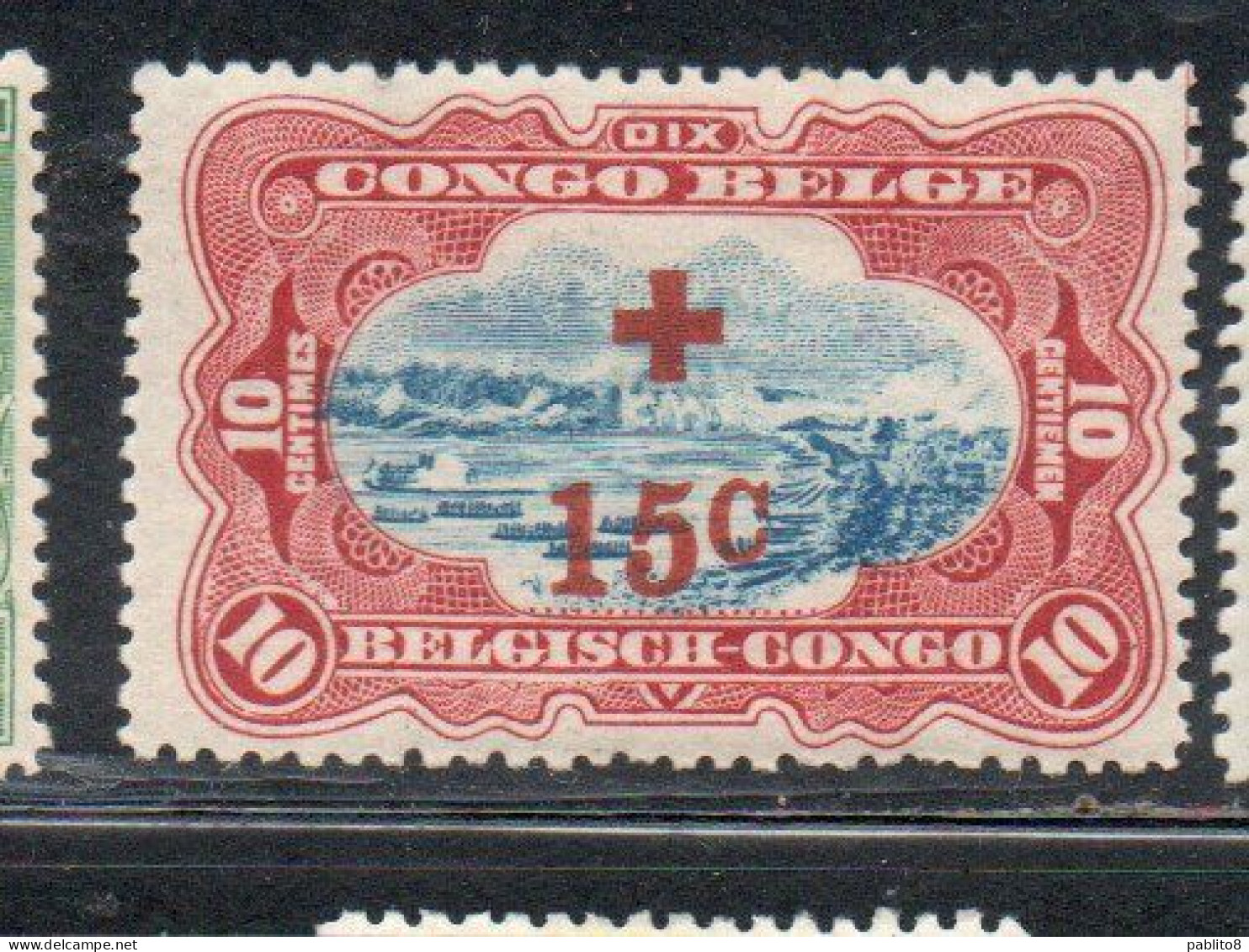 BELGIAN CONGO BELGA BELGE 1918 STANLEY FALLS CASCATE RIVER SCENE SURCHARGED 10 + 15c MH - Ungebraucht