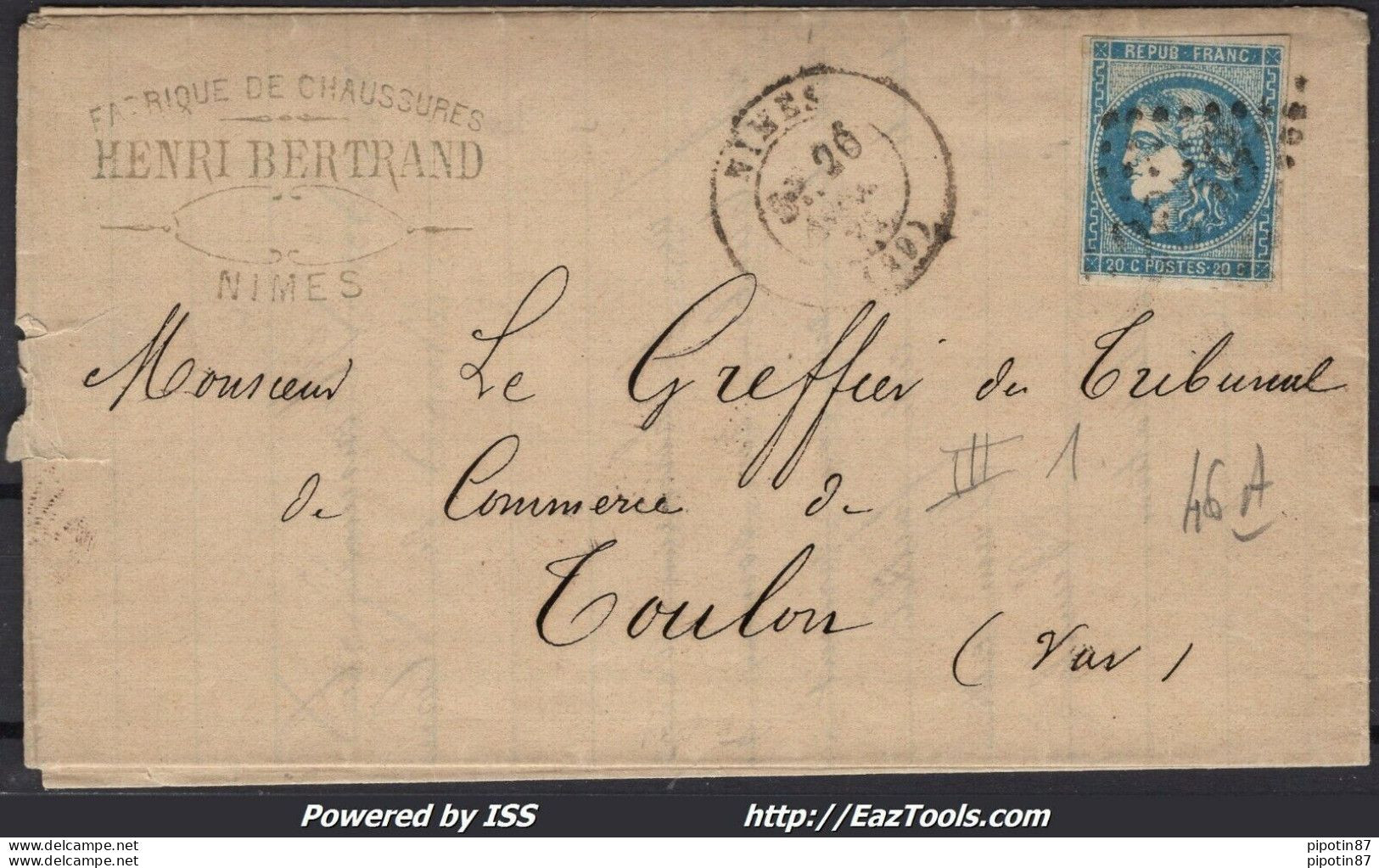 FRANCE N°46A SUR LETTRE GC 2659 NIMES GARD + CACHET A DATE DU 26/04/1871 - 1870 Uitgave Van Bordeaux