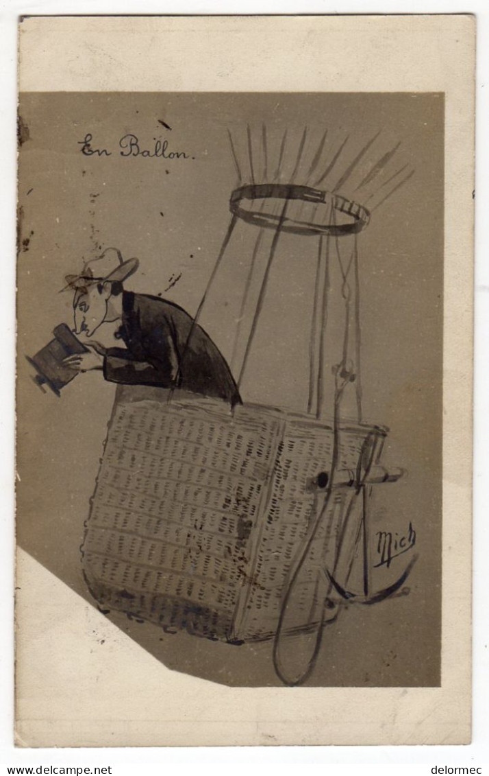 Rare Carte Photo Illustrateur Mich En Ballon Montgolfière échange De Courrier Entre Deux Aérostiers - Mich