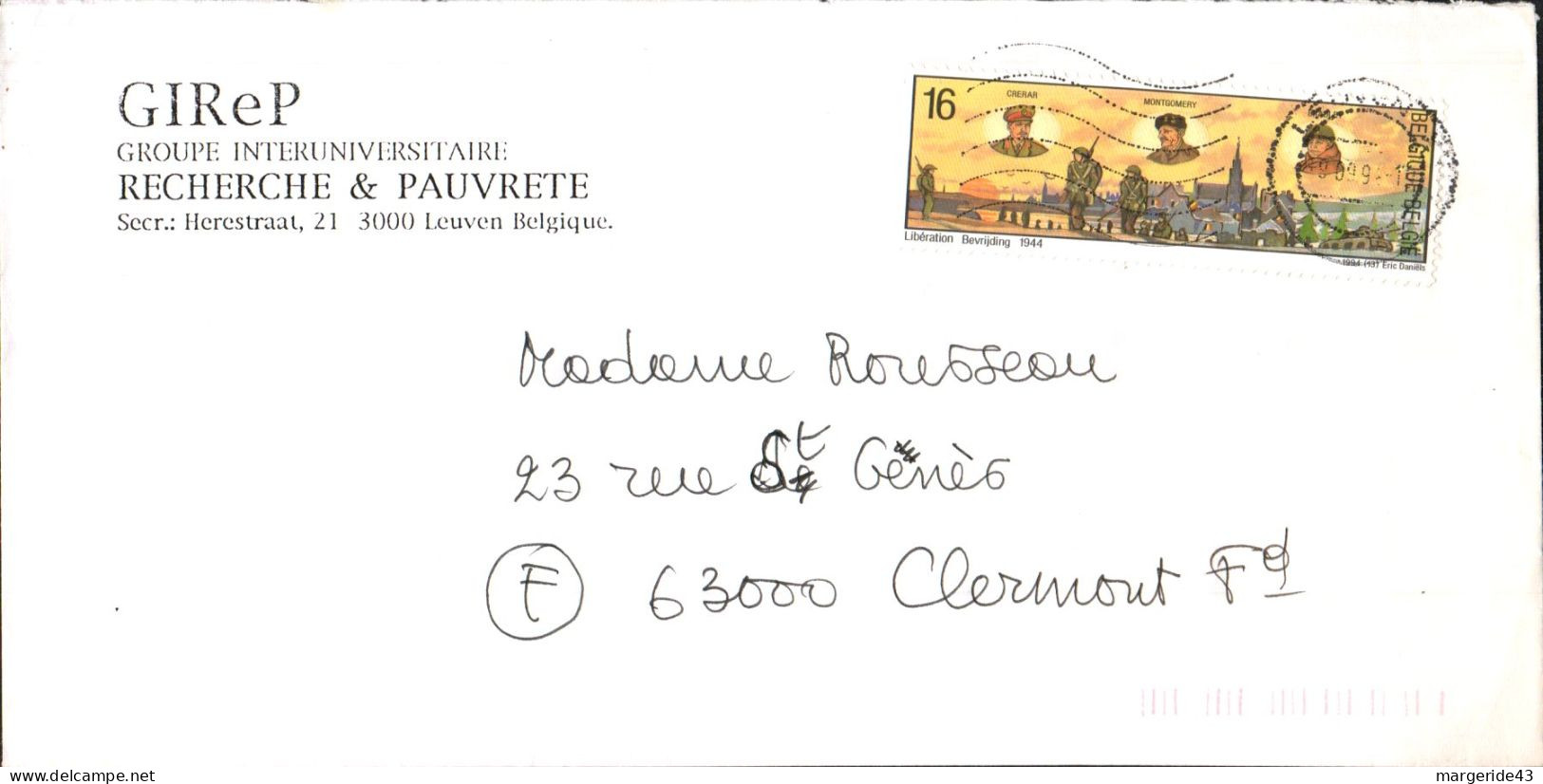 BELGIQUE SEUL SUR LETTRE POUR LA FRANCE 1994 - Storia Postale