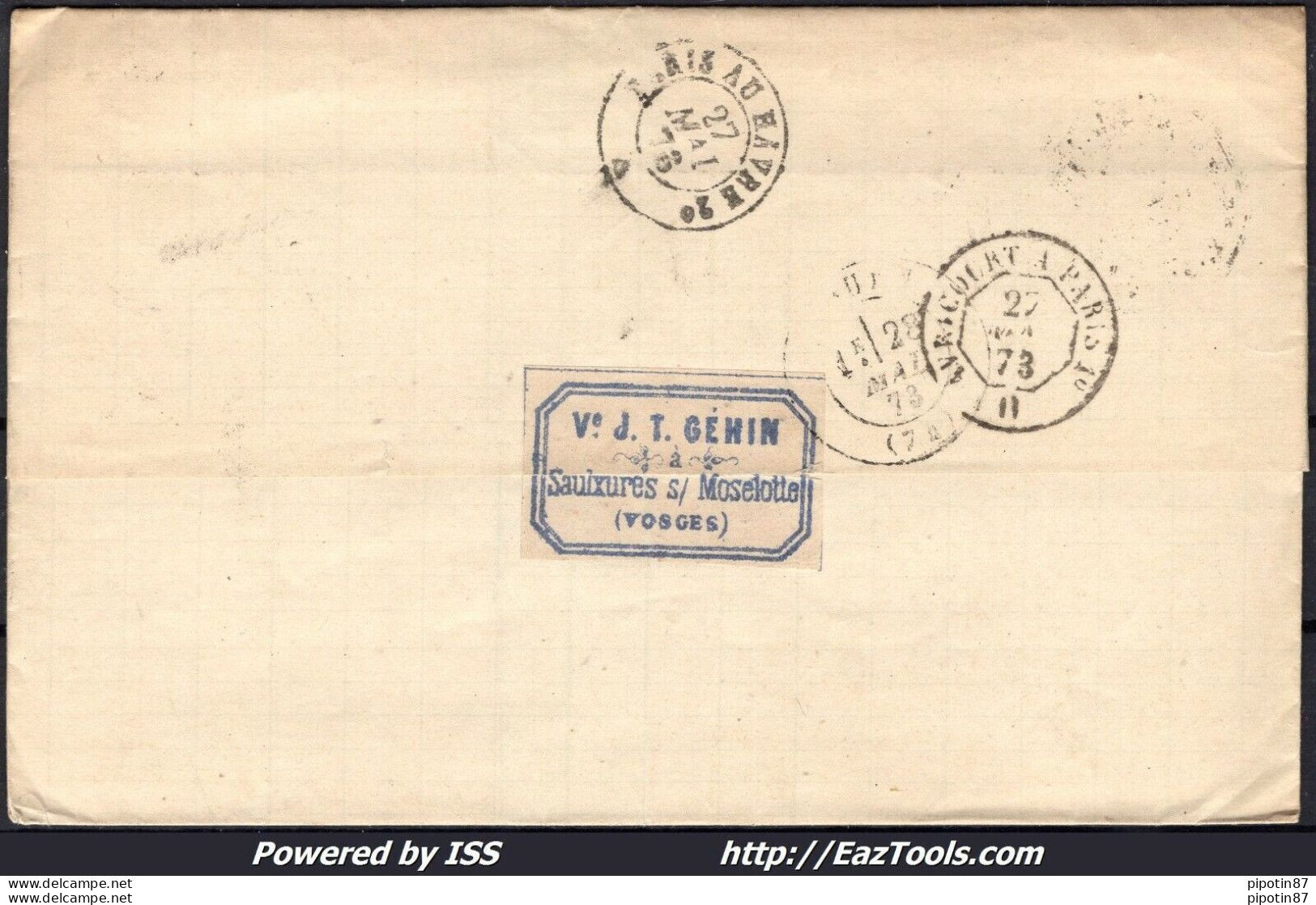 FRANCE N°60A SUR LETTRE GC 3323 SAULXURES VOSGES + CAD DU 11/06/1873 - 1871-1875 Cérès