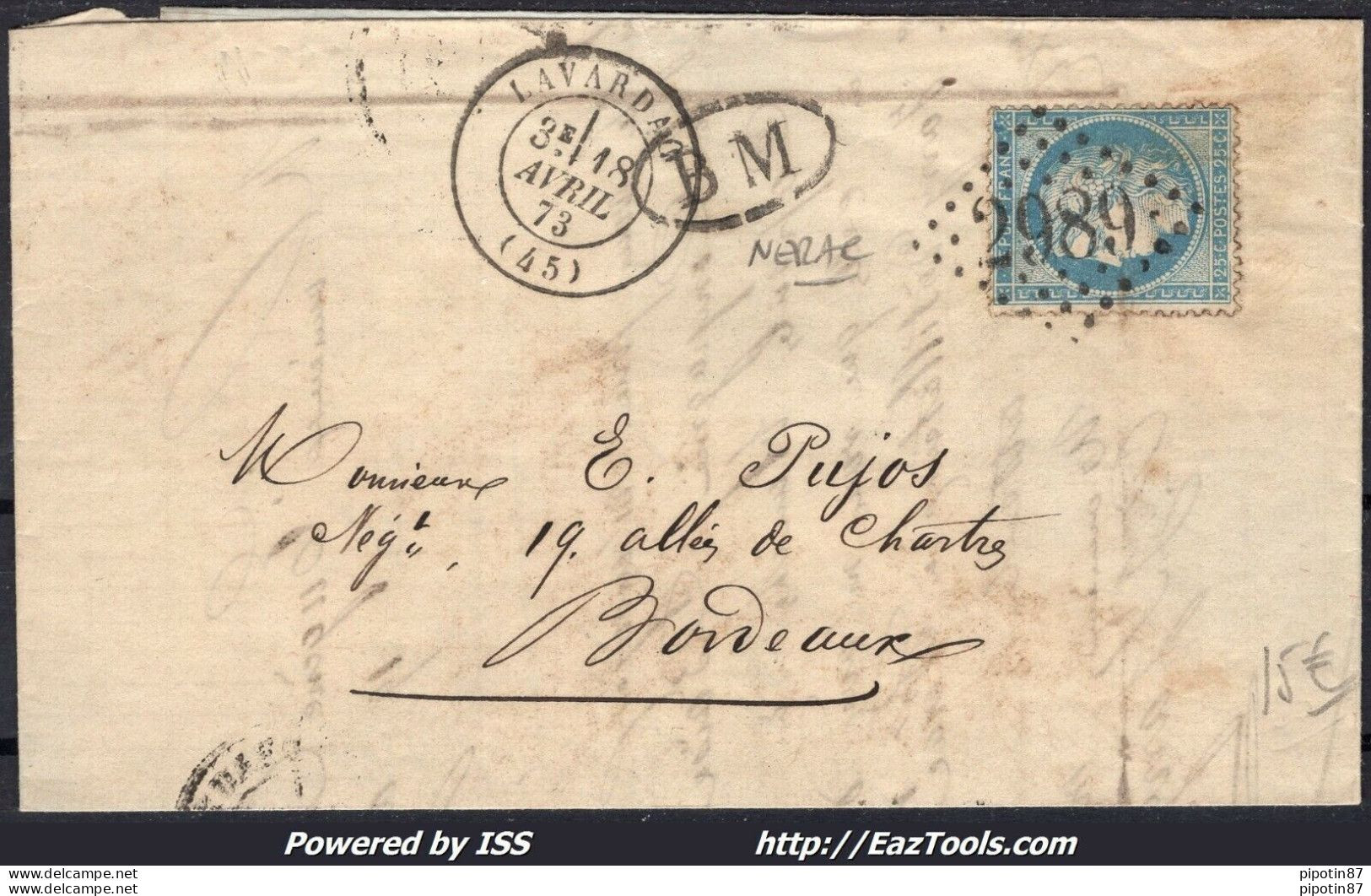 FRANCE N°60A SUR LETTRE GC 2989 PORT STE MARIE LOT ET GARONNE + CAD 18/04/1873 - 1871-1875 Ceres