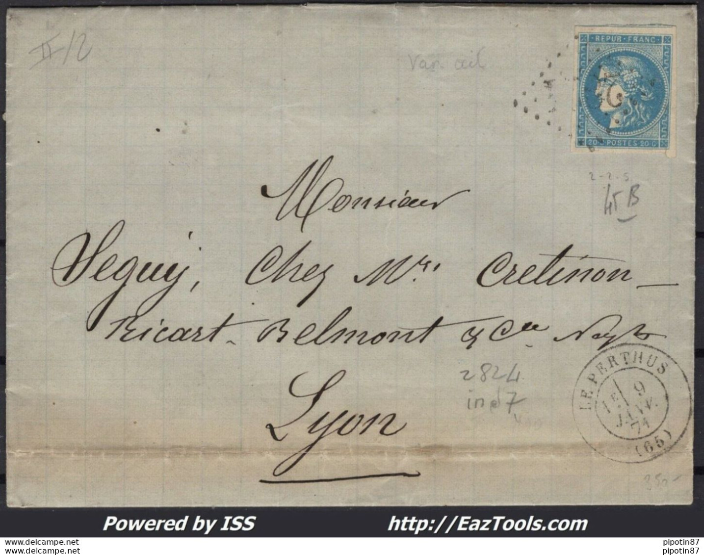 FRANCE N°45B SUR LETTRE GC 2824 LE PERTHUS PYRENEES ORIENTALES DU 09/01/1871 - 1870 Emisión De Bordeaux