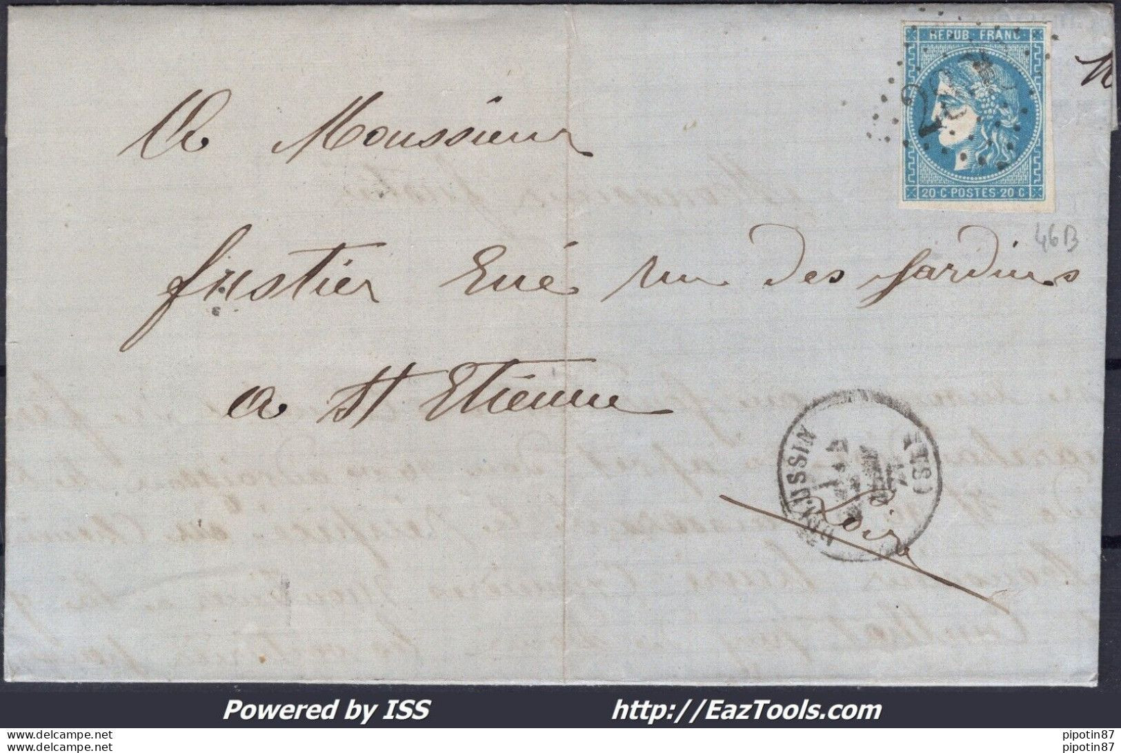 FRANCE N°46B SUR LETTRE GC 2808 PÉLUSSIN LOIRE + CAD TYPE 16 DU 14/05/1871 - 1870 Uitgave Van Bordeaux