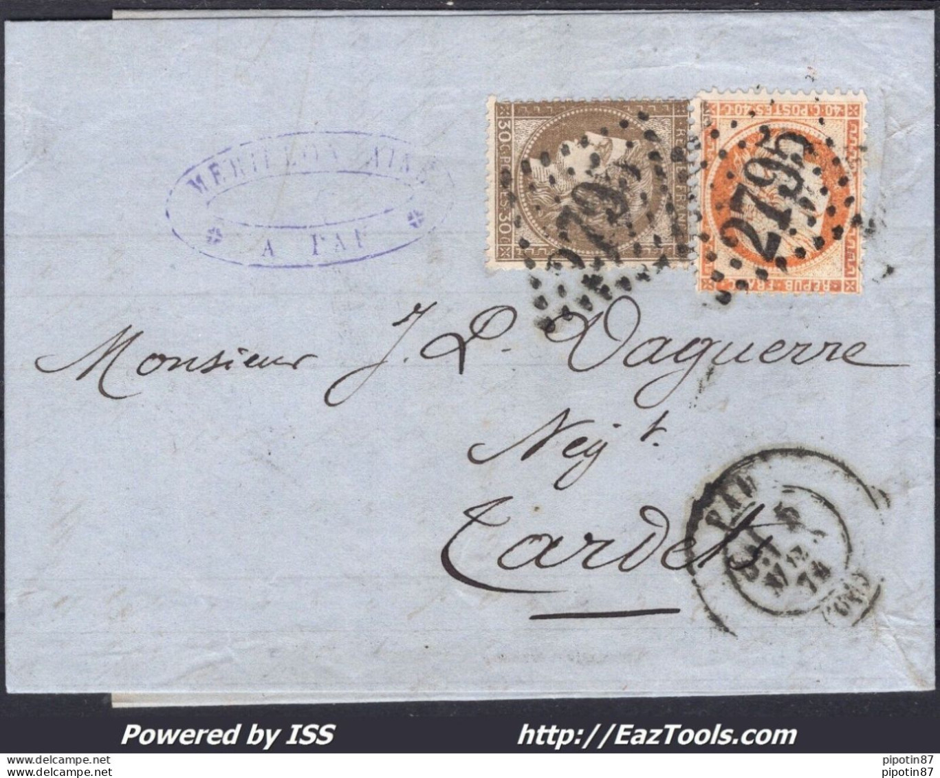 FRANCE N°38+56 SUR LETTRE GC 2795 PAU BASSES PYRENEES + CAD DU 05/03/1874 - 1871-1875 Ceres