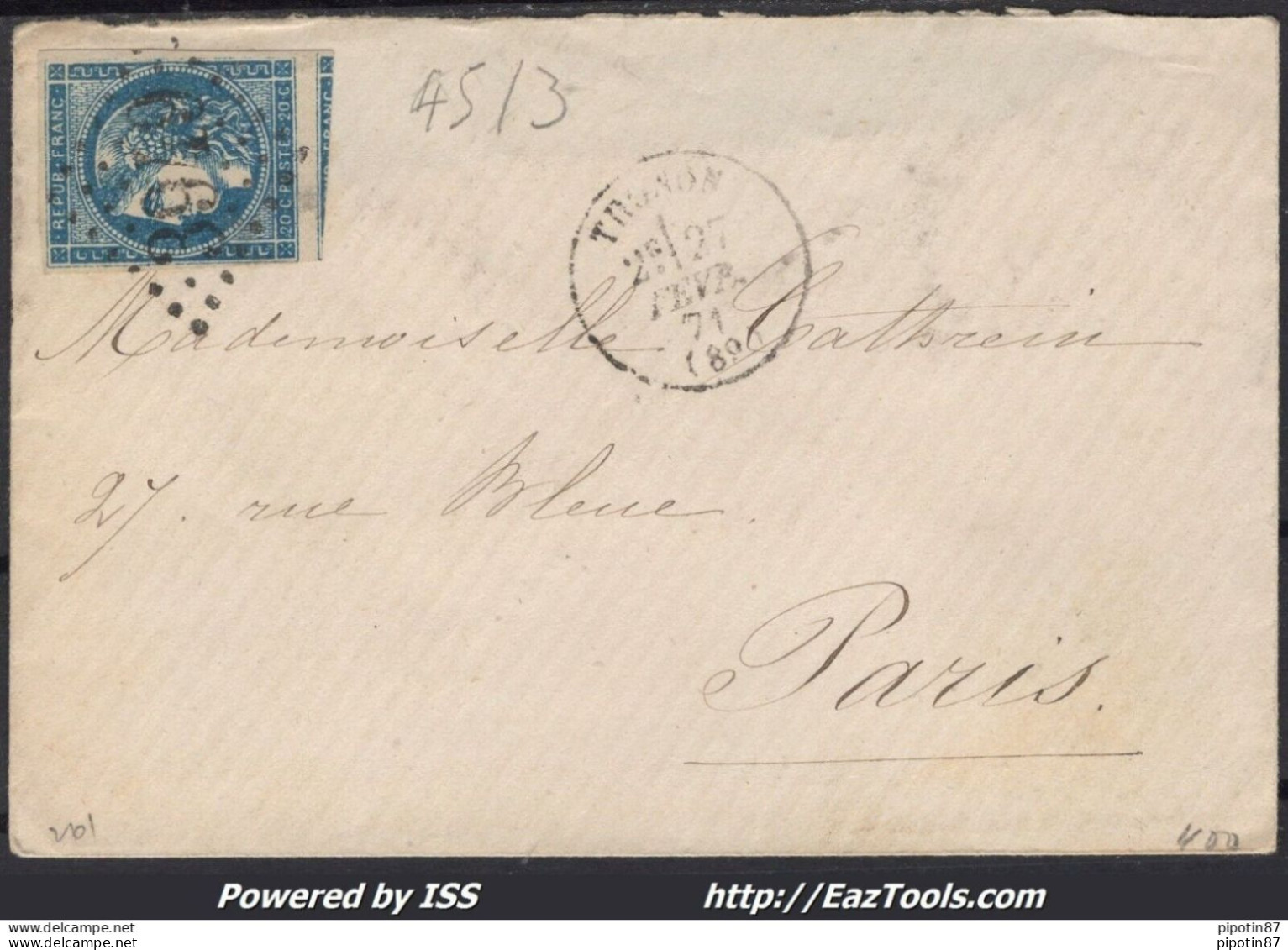 FRANCE N°45C SUR LETTRE GC 3949 THONON HAUTE SAVOIE + CAD DU 27/02/1871 - 1870 Ausgabe Bordeaux