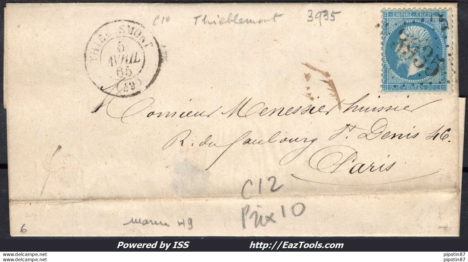 FRANCE N°22 SUR LETTRE GC 3935 THIEBLEMONT MARNE + CAD DU 12/12/1866 - 1862 Napoléon III.