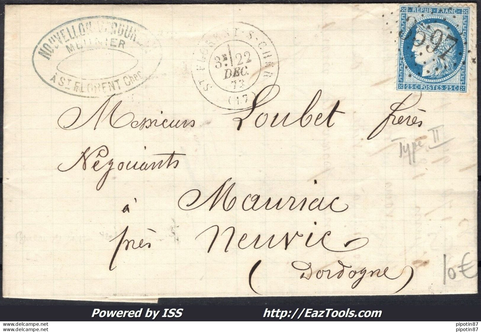 FRANCE N°60B SUR LETTRE GC 3597 ST FLORENT SUR CHER CHER + CAD DU 22/12/1873 - 1871-1875 Cérès