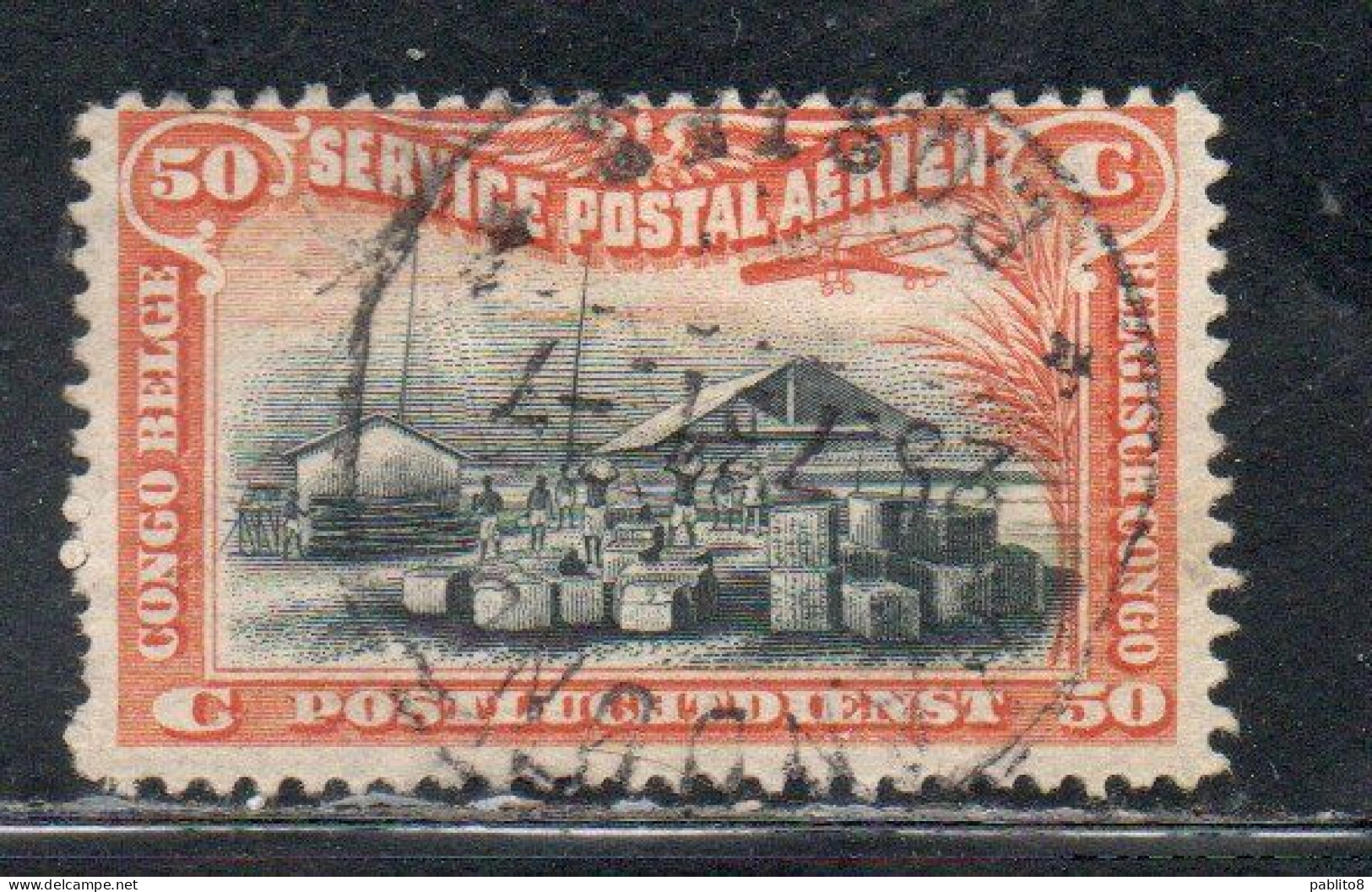 BELGIAN CONGO BELGA BELGE 1920 AIRMAIL AIR POST MAIL WHARF ON RIVER 50c USED OBLITERE' USATO - Oblitérés