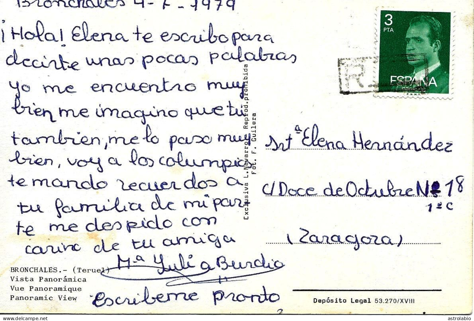 Bronchales Teruel A Zaragoza 1979 Sobre Tarjeta Postal (Matasellos De Emergencia) - Otros & Sin Clasificación