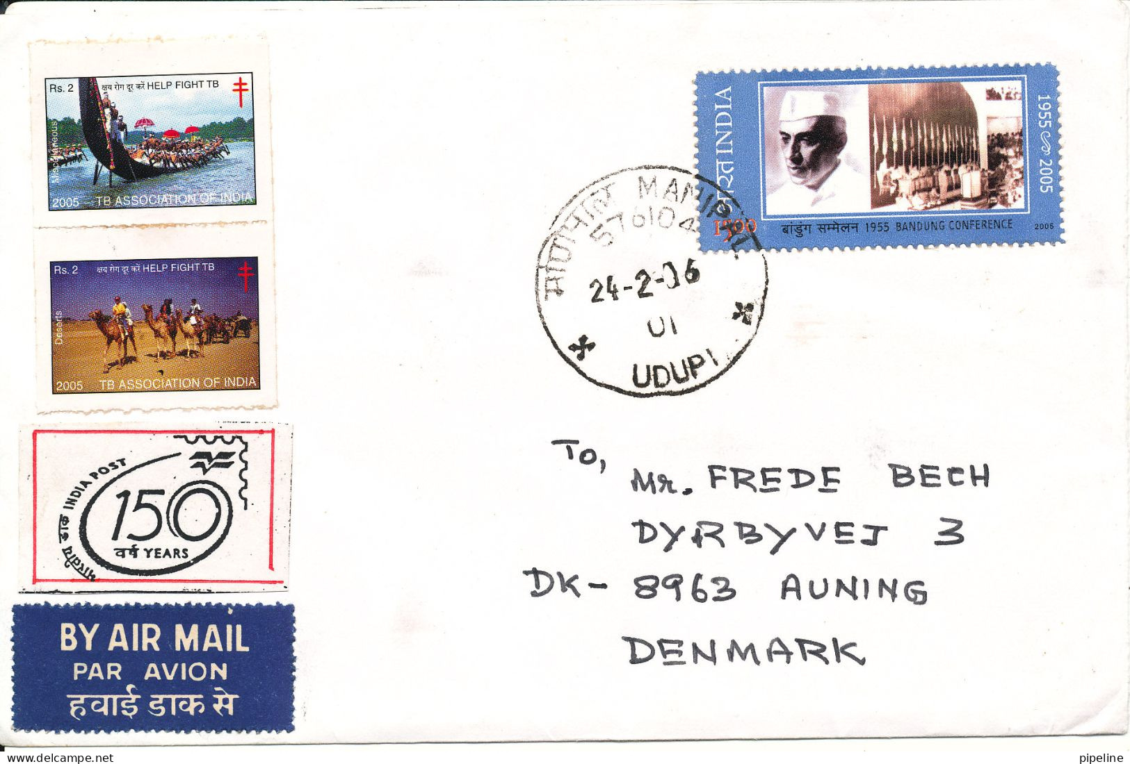 India Cover Sent To Denmark 24-2-2006 Single Franked And With TB Seals - Covers & Documents
