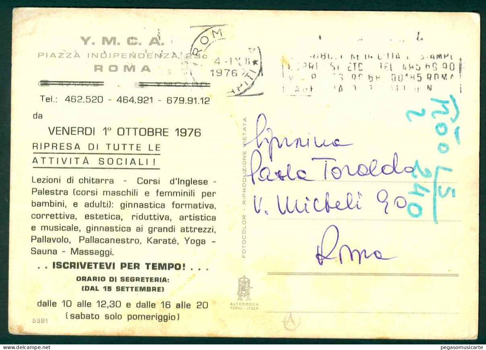 BA167 - Y.M.C.A. PIAZZA INDIPENDENZA ROMA 1976 - Unterricht, Schulen Und Universitäten