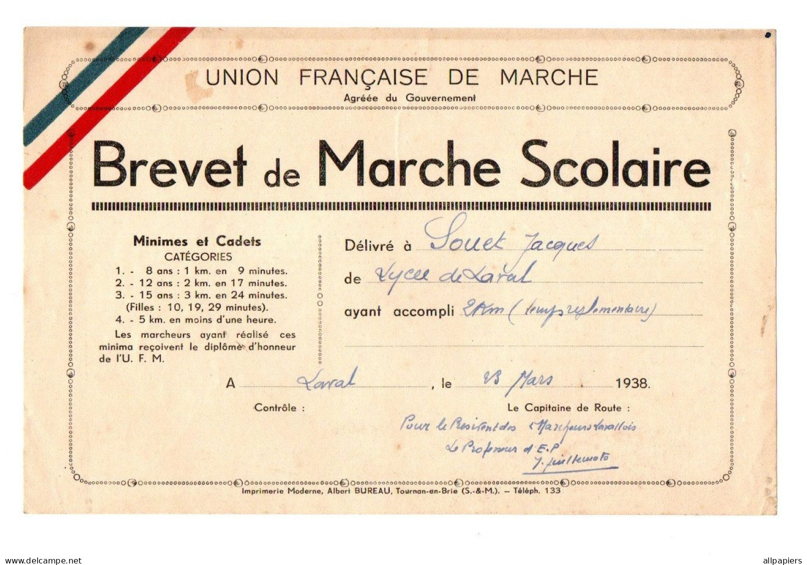 Brevet De Marche Scolaire Union Française De Marche à Laval En 1938 - Format : 20.5x13.5 Cm - Diplômes & Bulletins Scolaires