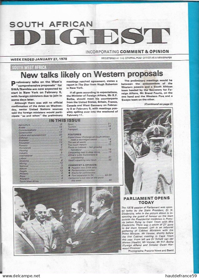 Journal NEWS Très Rare SOUTH AFRICAN DIGEST January 1978 Comment & Opinion 32 Pages - 1950-Hoy