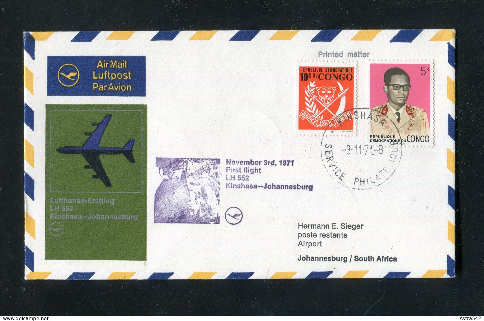 "KONGO-KINSHASA" 1971, Erstflugbrief LH 552 "Kinshasa-Johannesburg" (0103) - Lettres & Documents