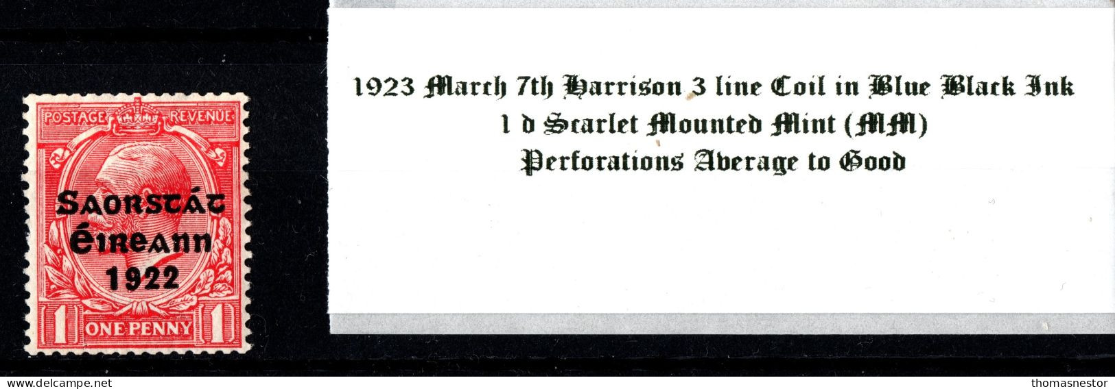 1923 March 7th Harrison 3 Line Coil In Blue Black Ink, 1 D Scarlet  Mounted Mint (MM) - Neufs