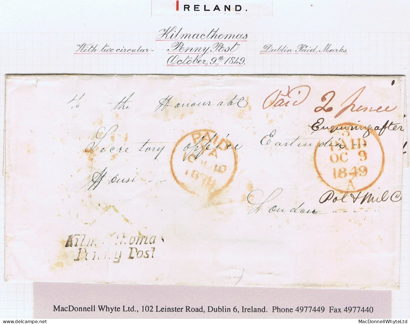 Ireland Waterford Military 1849 Wrapper Bonmahon To London With Italic "Kilmacthomas/Penny Post" - Prephilately