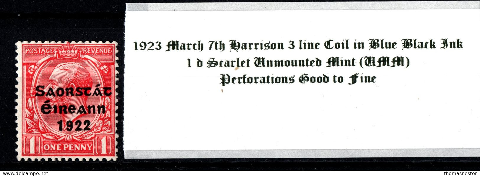 1923 March 7th Harrison 3 Line Coil In Blue Black Ink, 1 D Scarlet  Unmounted Mint (MM) - Neufs