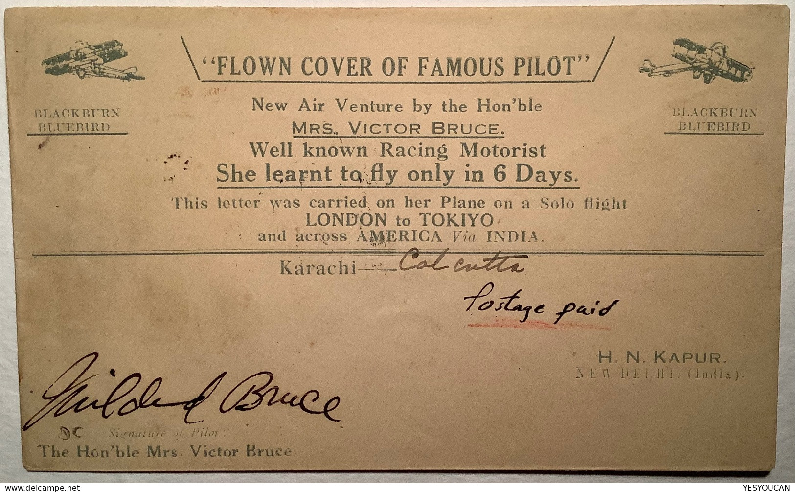 INDIA1930First Flight BLACKBURN BLUEBIRD Mrs Victor Bruce Cover Karachi-Calcutta (GB JAPAN CAR RACING AUTOMOBILE  US - 1911-35  George V