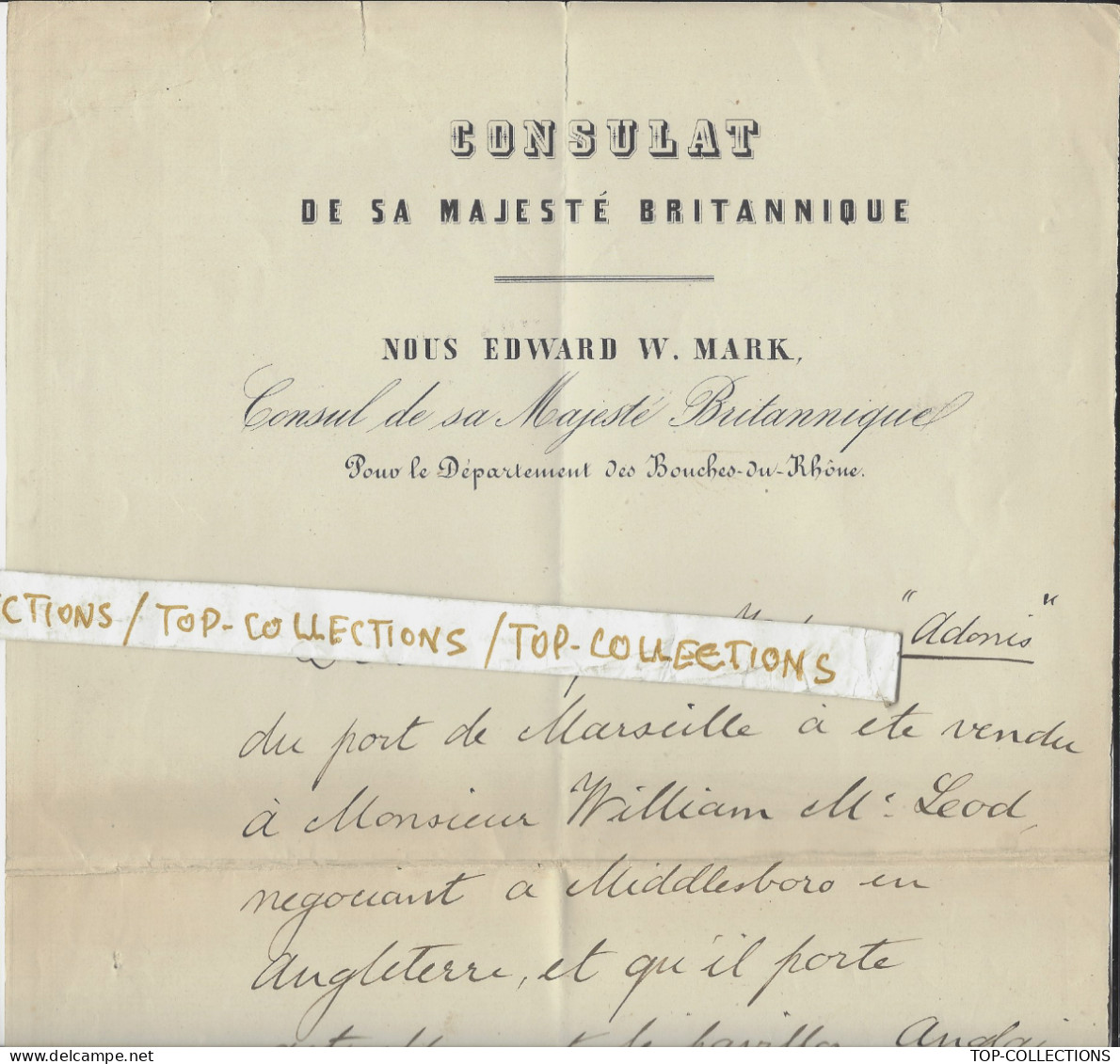 Navigation PAVILLON ANGLAIS  1882   VENTE NAVIRE VAPEUR « ADONIS » à Mac Leod  De Middlesbrough Sign.  Consul Angleterre - 1800 – 1899