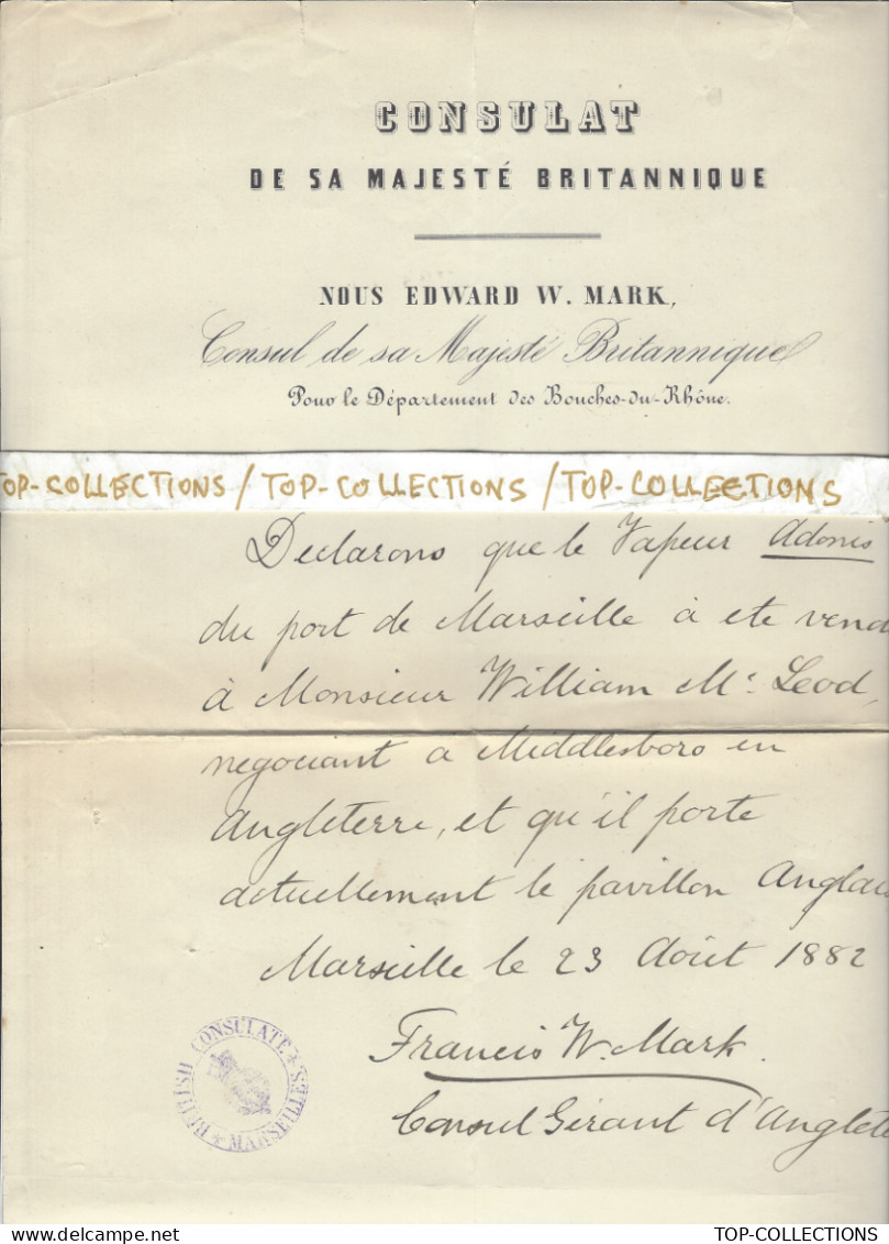 Navigation PAVILLON ANGLAIS  1882   VENTE NAVIRE VAPEUR « ADONIS » à Mac Leod  De Middlesbrough Sign.  Consul Angleterre - 1800 – 1899