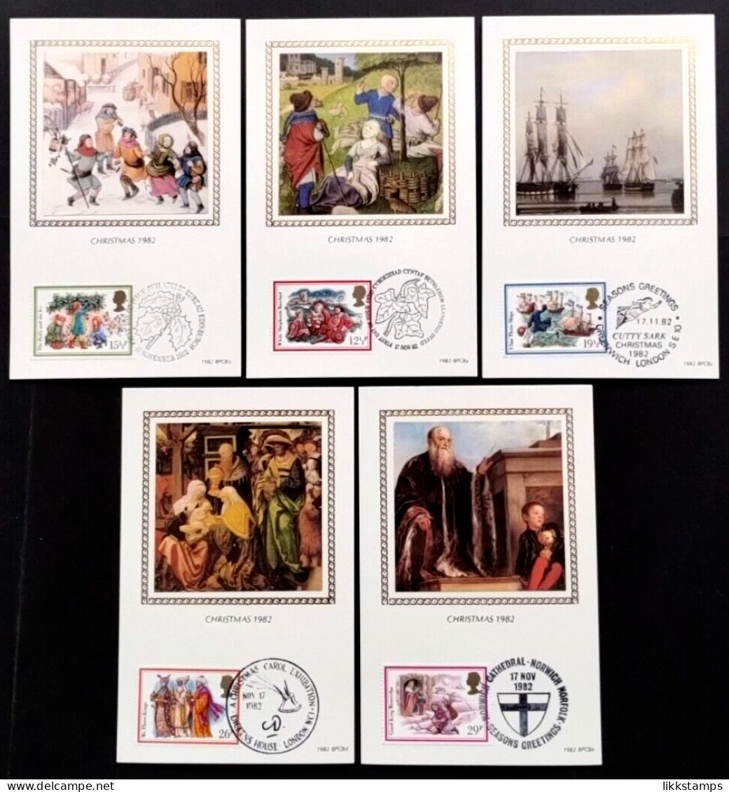 1982 'CHRISTMAS CAROLS' BENHAM SILK POSTCARDS WITH FIRST DAY OF ISSUE POSTMARKS. ( 00851 ) - Maximum Cards