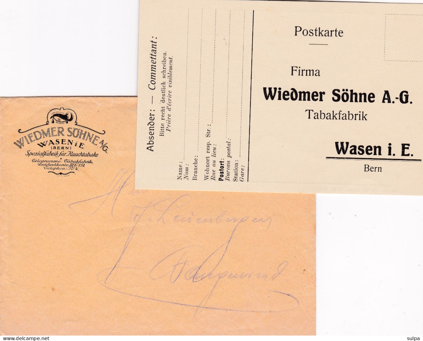 Tabac : Bestellkarte Mit Kuvert Wiedmer Söhne, Spezialfabrik Für Rauchtabake, Wasen I. E. 1923 - Suisse