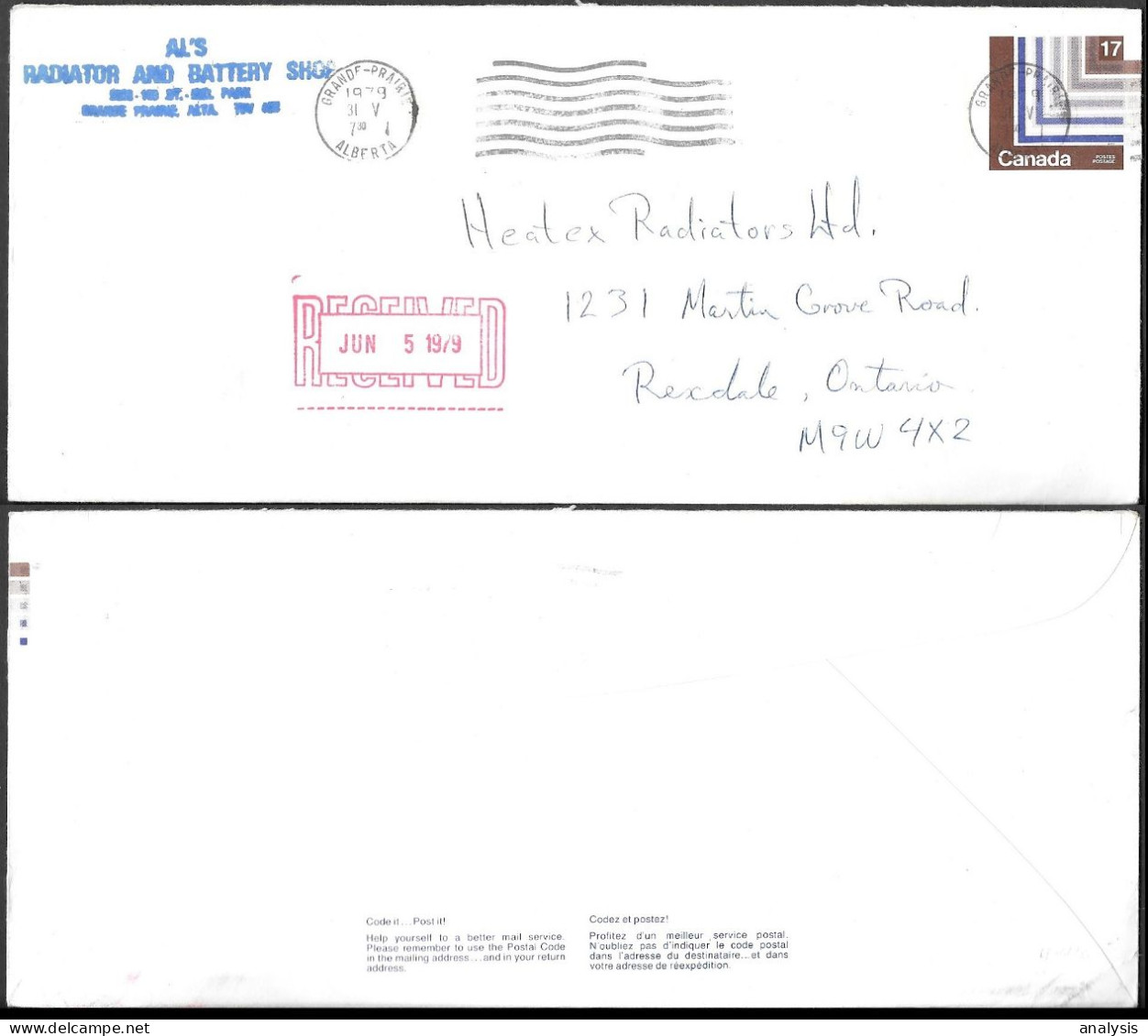 Canada Grande Prairie 17c Postal Stationery Cover Mailed 1979 - Lettres & Documents