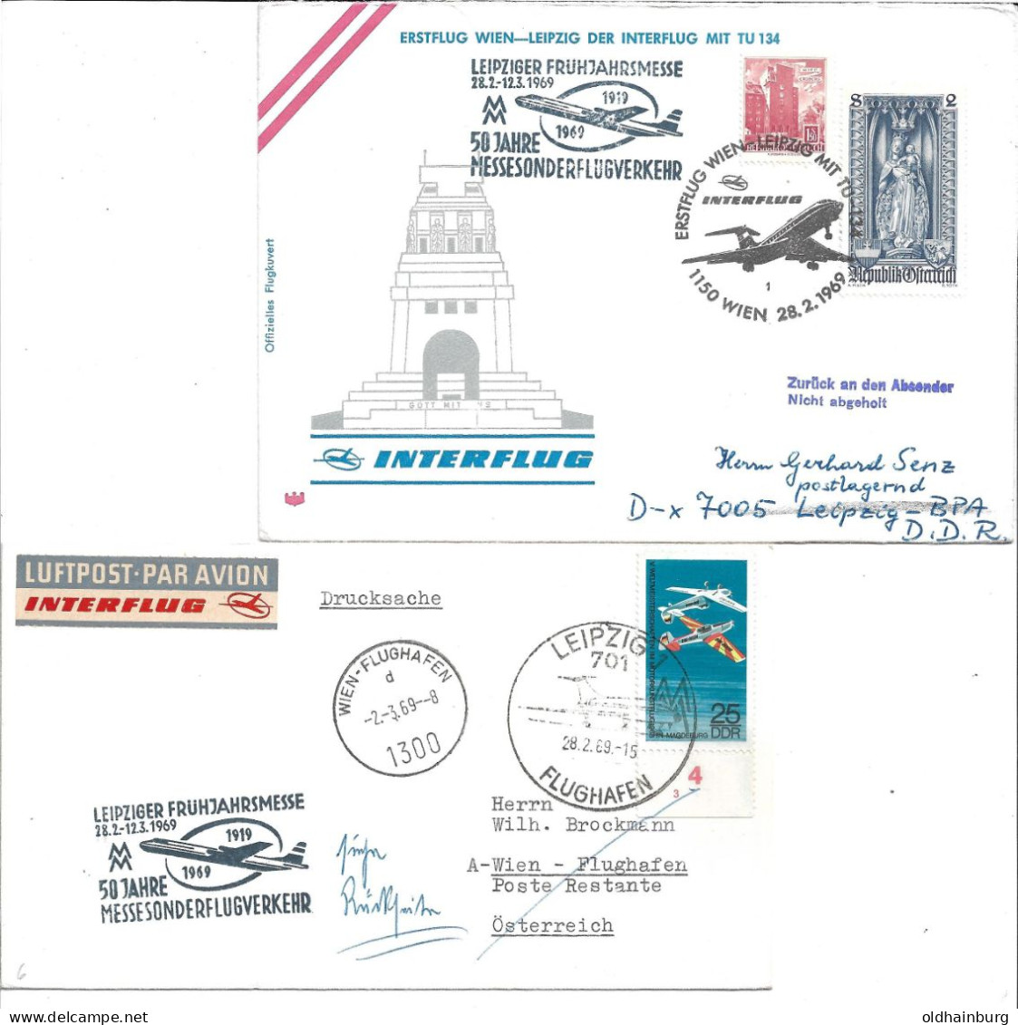 2361t: Interflug- Messesonderflugverkehr Leipzig 1969, 2 Belege DDR- Und Österreich- Frankatur - Airmail