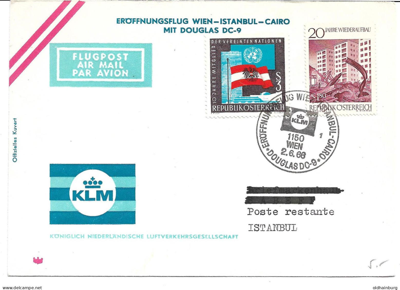 2361u: KLM- Erstflug Wien- Istanbul- Cairo 1966 Mit DC-9, Österreich- Frankatur - Poste Aérienne