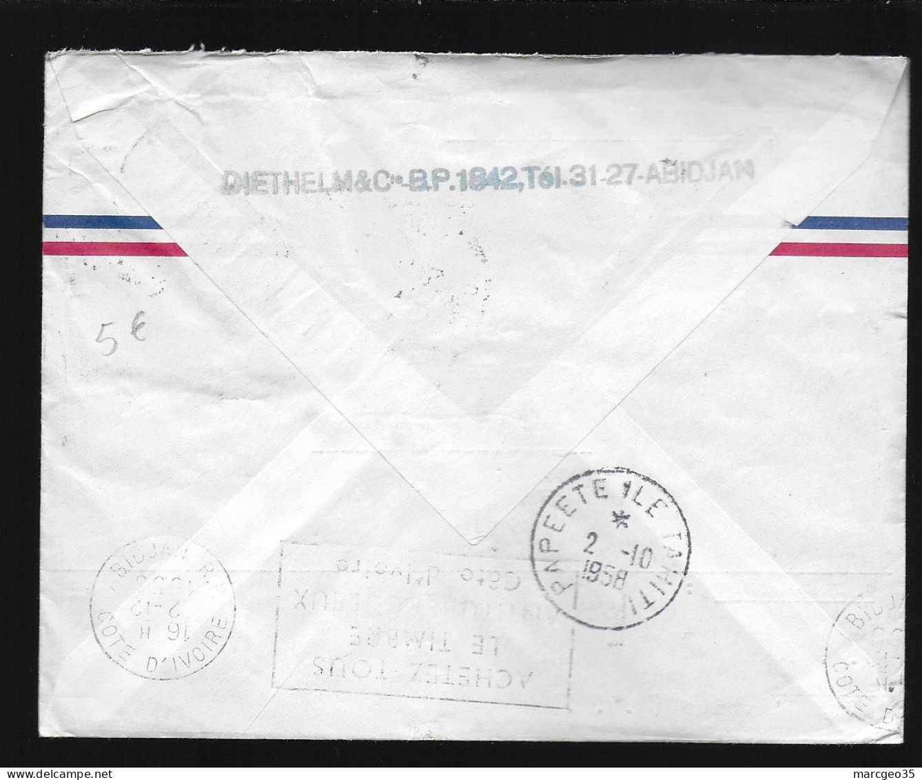 Première Liaison Aérienne Directe France Polynésie Par T.A.I. 28/09/1958 Abidjan Vers Papeete Via Paris Retour Abidjan - Cartas & Documentos