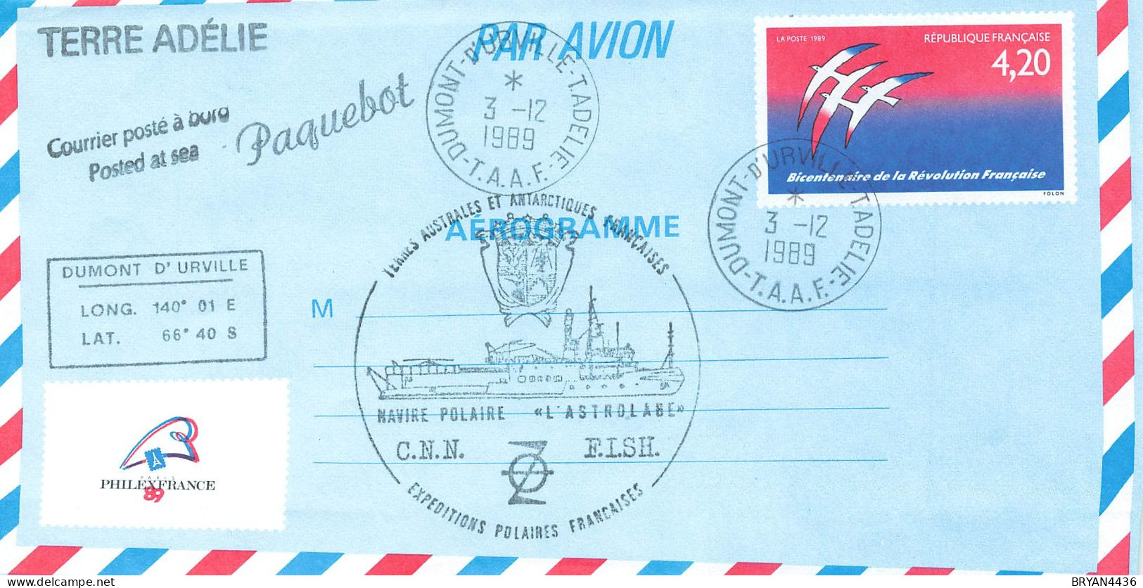 TERRE ADELIE - Posté à Bord DUMONT-DURVILLE - ENTIER POSTAL BICENTENAIRE REVOLUTION FRANCAISE - BEAUX CACHETS - TB ETAT - Postwaardestukken