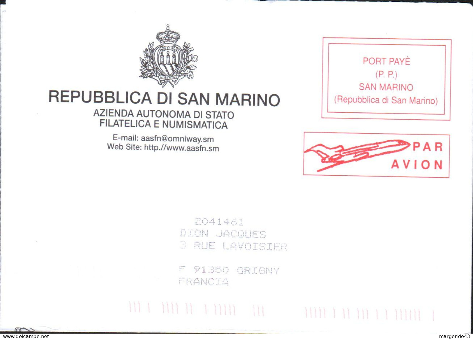 SAINT MARIN PLI AVION EN PORT PAYE POUR LA FRANCE - Lettres & Documents