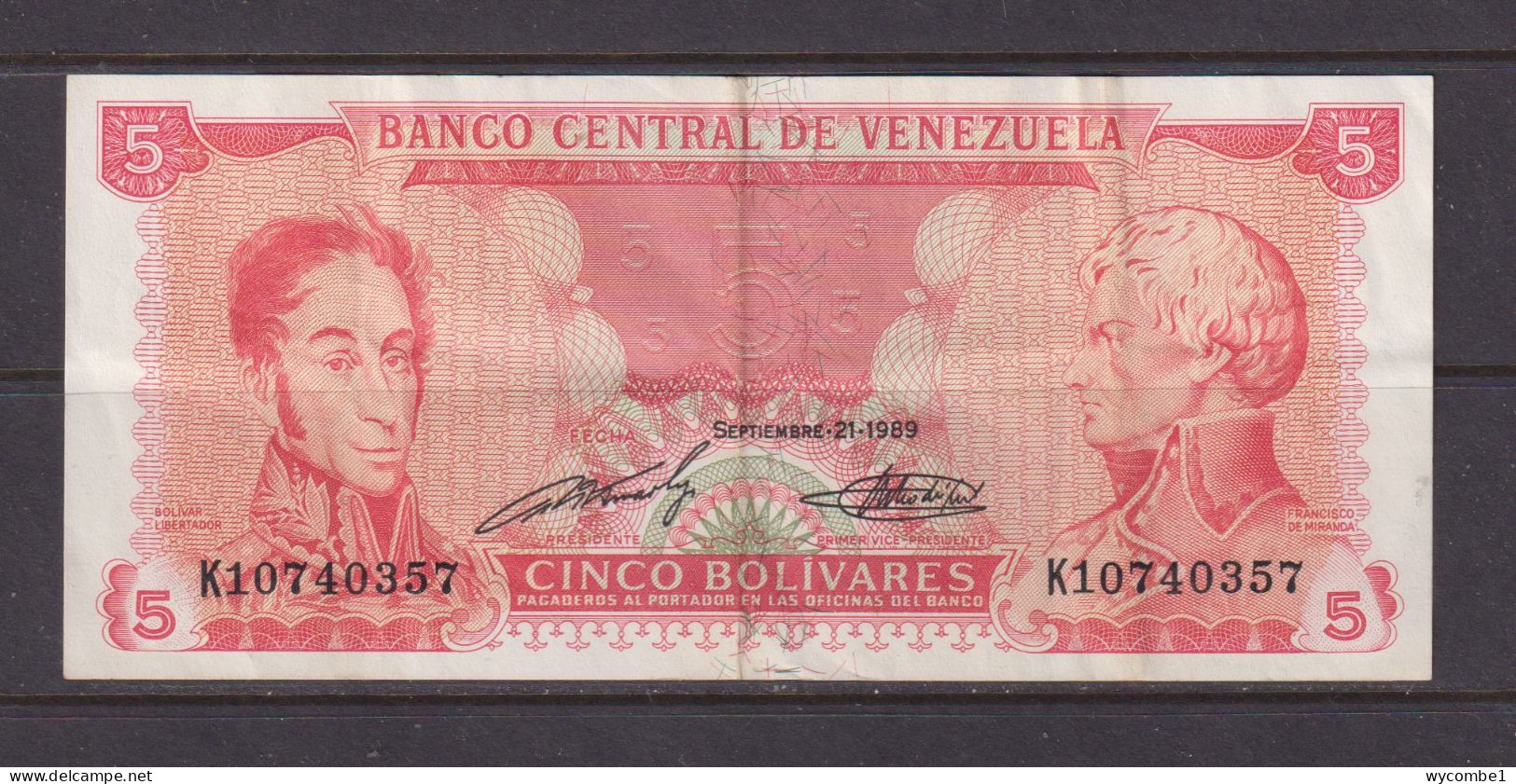 VENEZUELA -  1989 5 Bolivars Circulated  Banknote - Venezuela