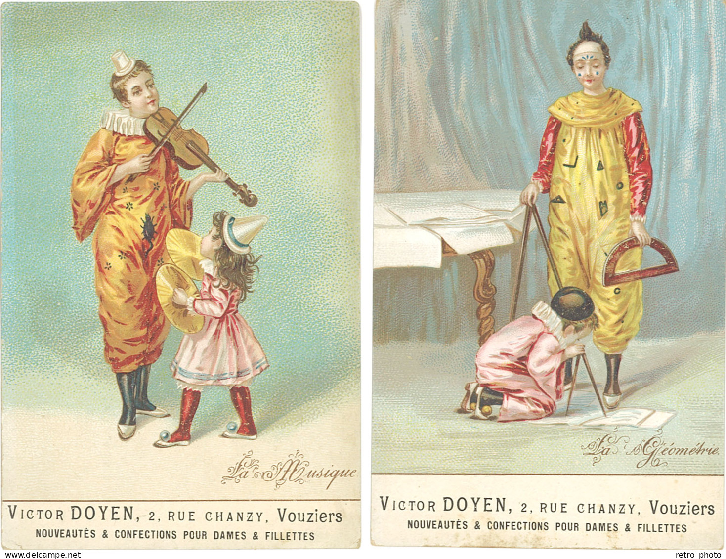 TB/B 2 CPA Victor Doyen, Vouziers – La Musique, La Géométrie, Clown - Reclame