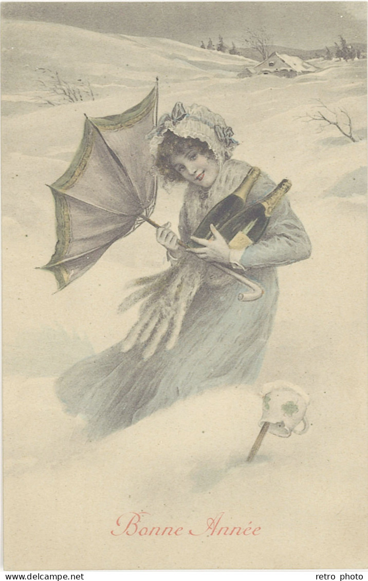 TB Bonne Année, Femme Dans La Neige, Bouteilles De Champagne - New Year