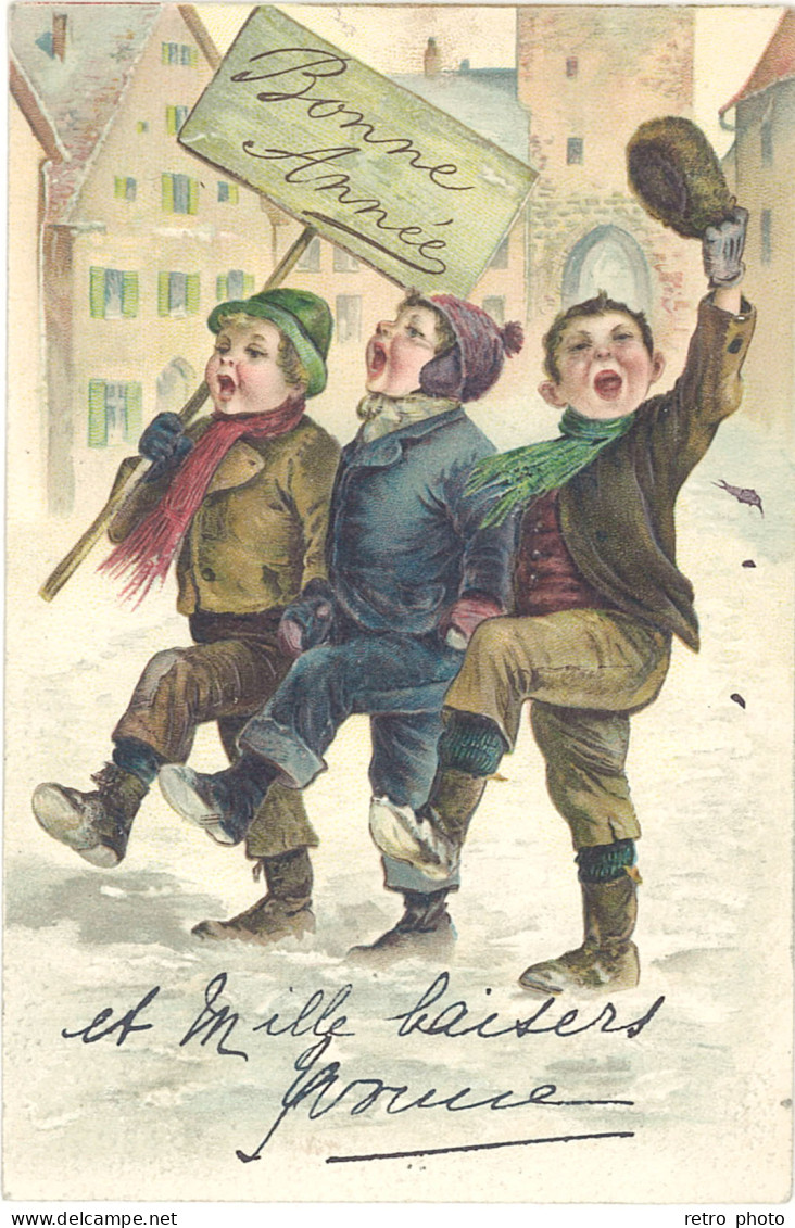 TB Bonne Année, Enfants Chantants Dans La Neige - Nieuwjaar