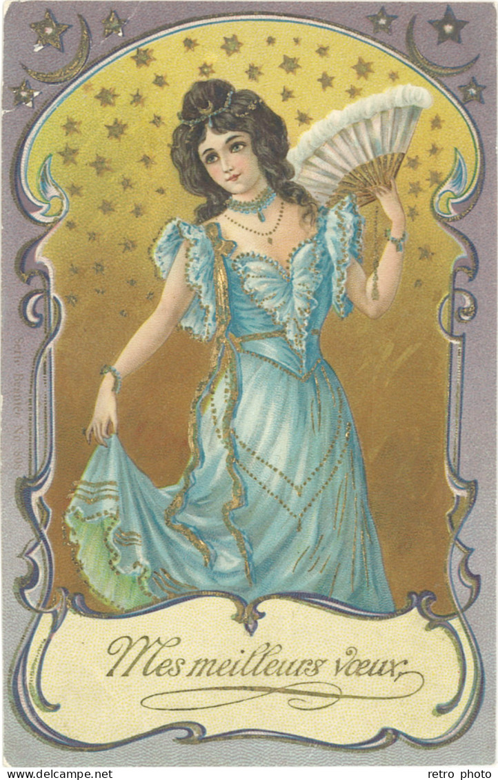 B Femme à L’éventail Période Art Nouveau, Mes Meilleurs Voeux - Sonstige & Ohne Zuordnung