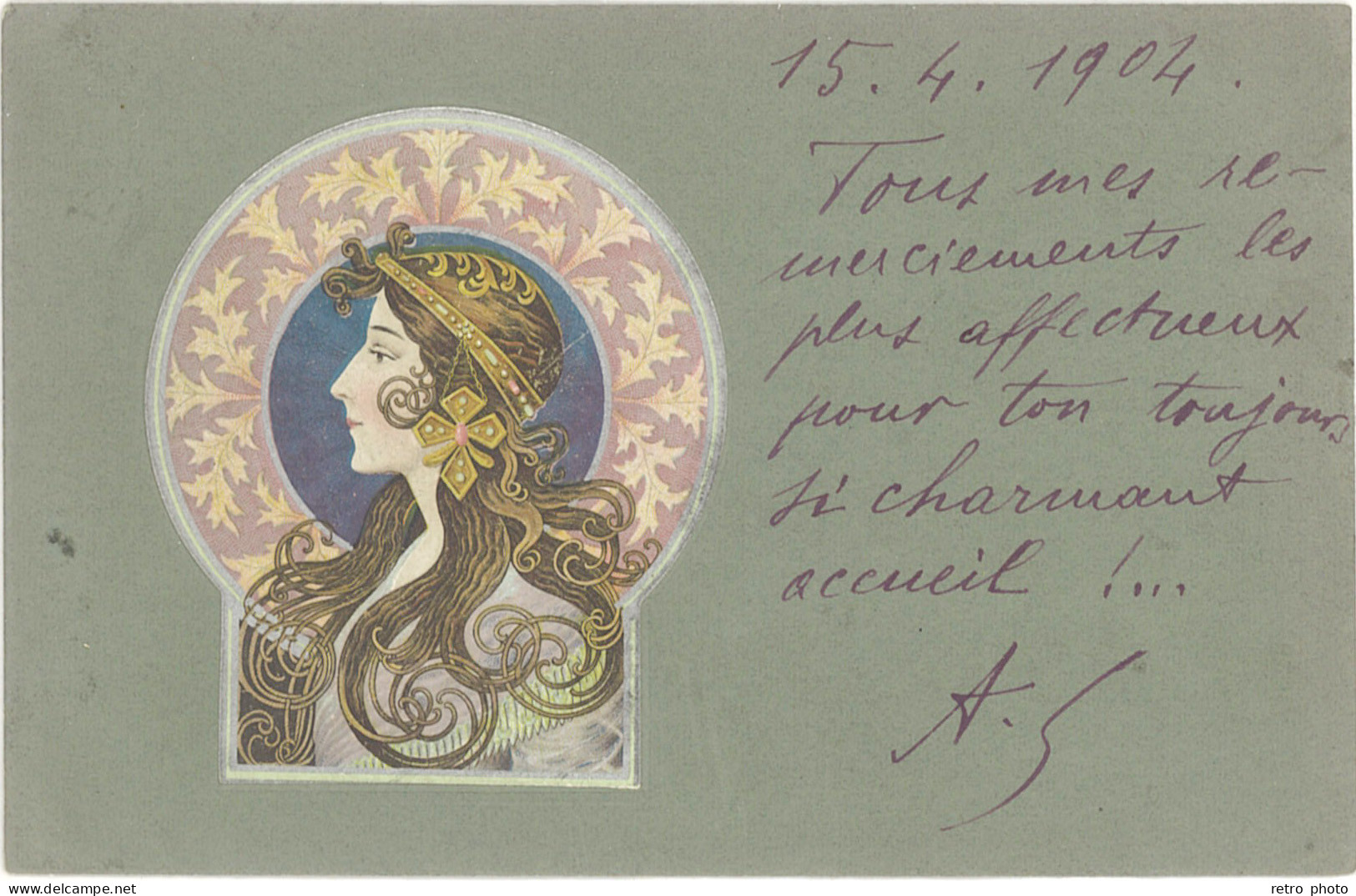 B Femme De Profil En Médaillon, Art Nouveau - Andere & Zonder Classificatie