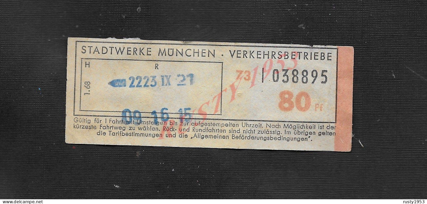 ALLEMAGNE TICKET R A T P STADTWERKE MÜNCHEN VERKEHRSBETRIEBE MUNICH : - Europa