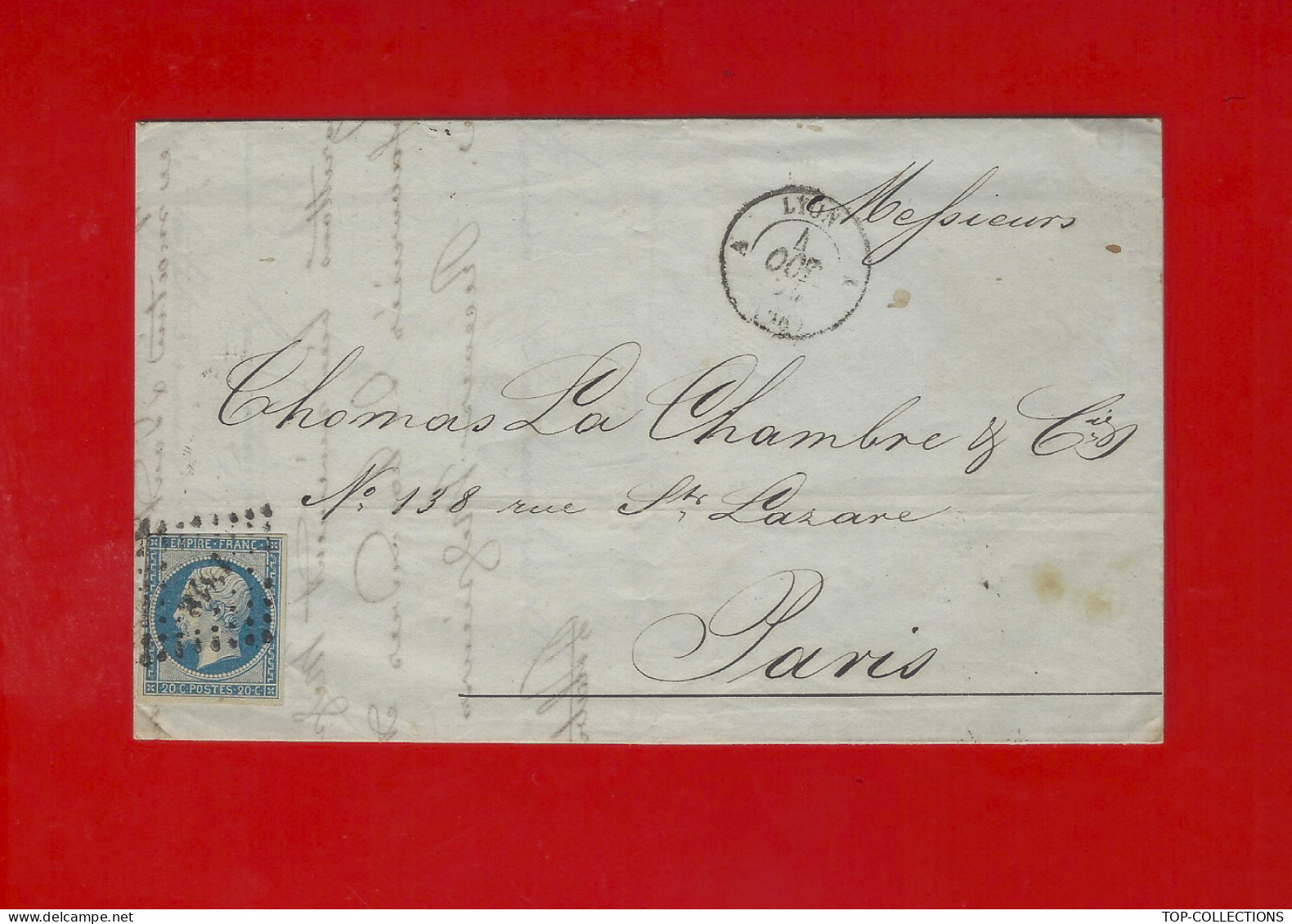 1855 LETTRE Platzmann Berry Lyon  Pour MM. Thomas La Chambre  LA CHAMBRE Paris V.HISTORIQUE - 1800 – 1899