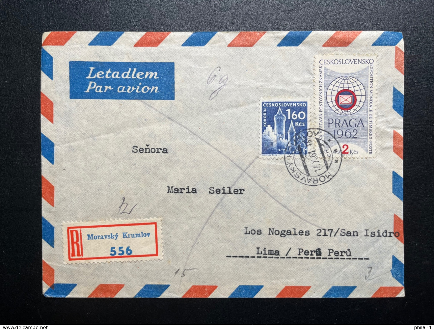 ENVELOPPE TCHECOSLOVAQUIE MORAVSKY KRUMLOV POUR LIMA PEROU 1961 - Storia Postale