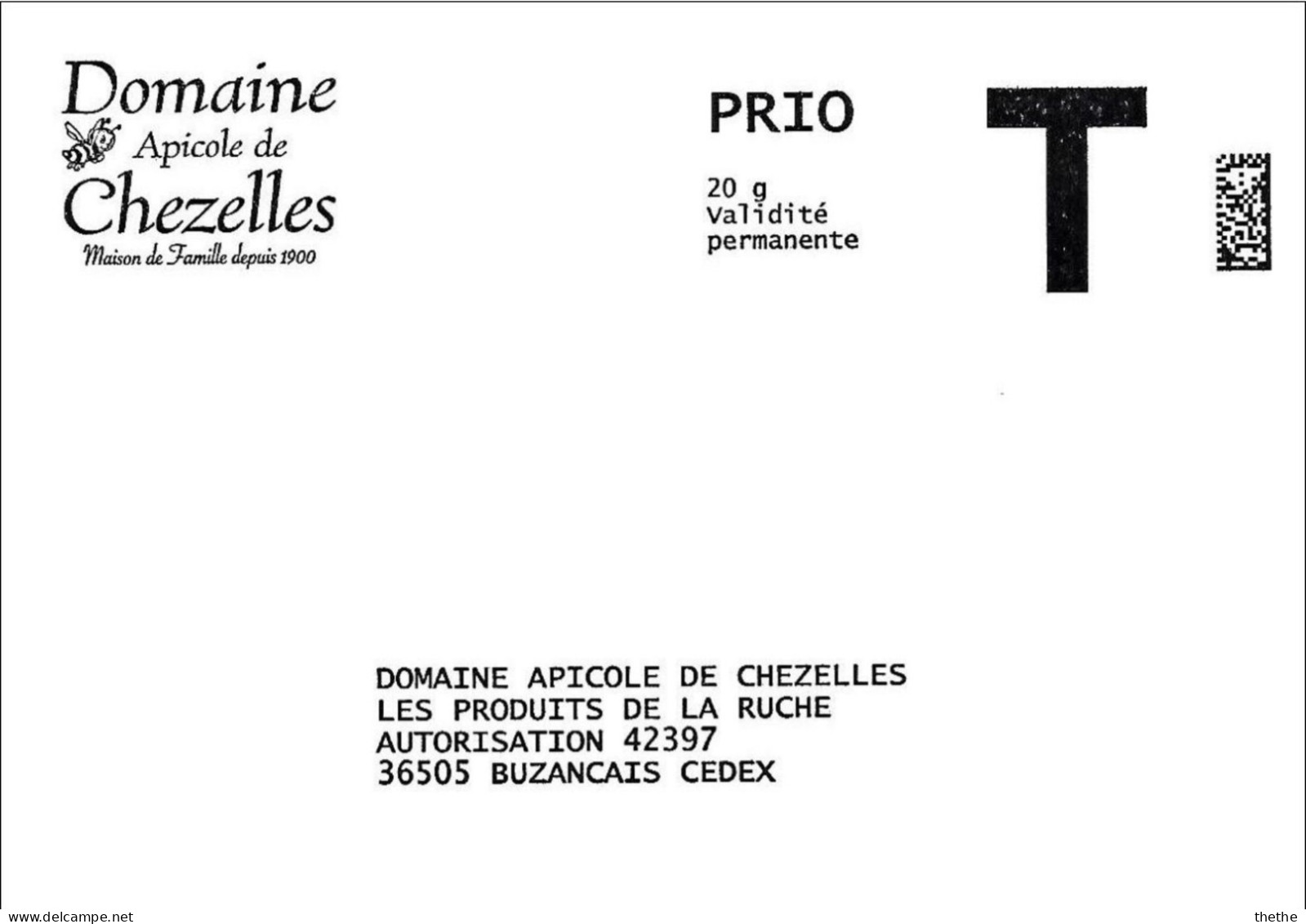 Domaine Apicole De Chezelles ( Autorisation 42397 ) Prio 20 G - Karten/Antwortumschläge T