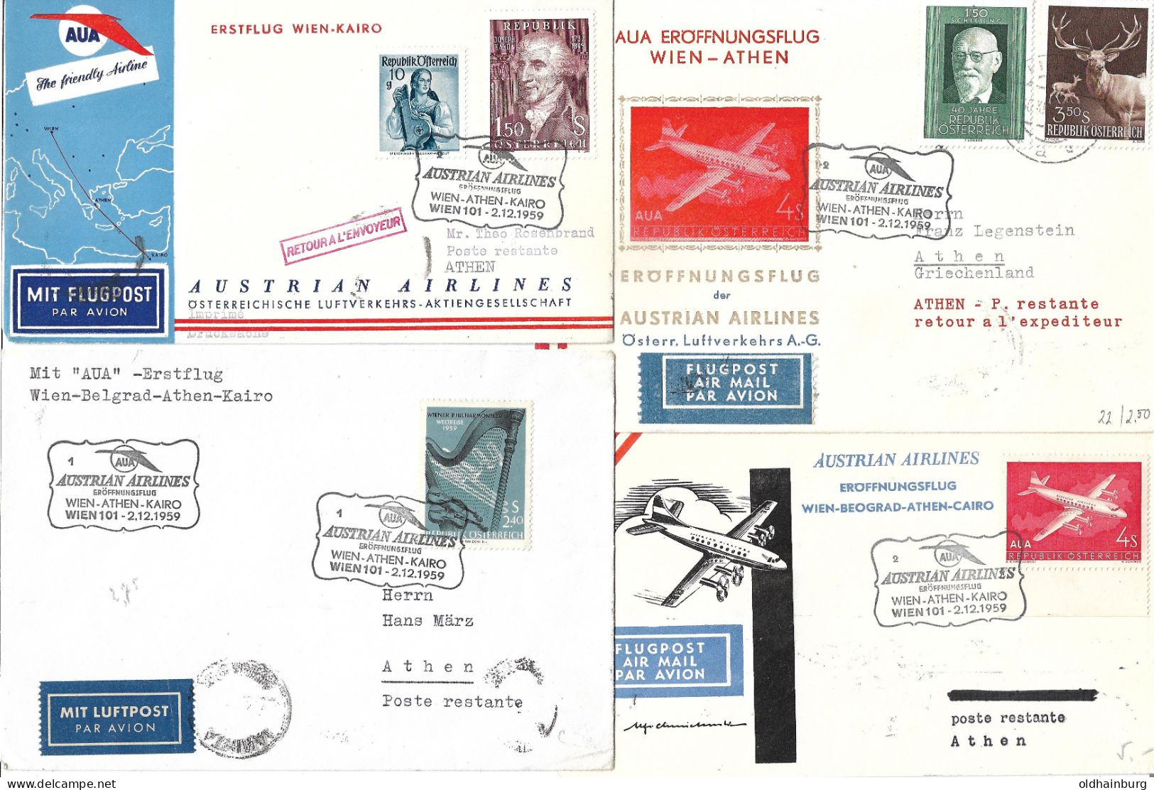 2362c: AUA- Erstflug Wien- Athen-Kairo 2.12.1959, 4 Belege Mit Rs. AKs Athen - Lettres & Documents