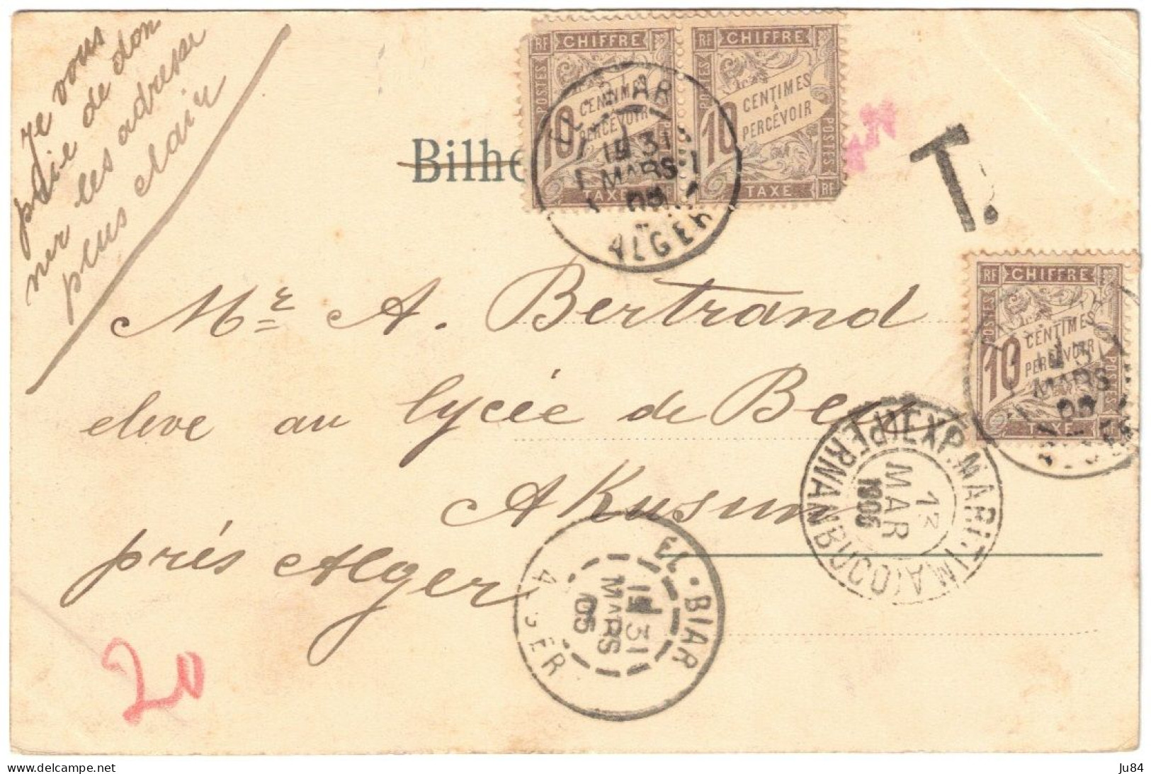 Brésil - Pernambuco - Rua Barao Da Victoria - Carte Postale Taxée En Arrivée Pour Kusun (Algérie) - El Biar - 1905 - Lettres & Documents
