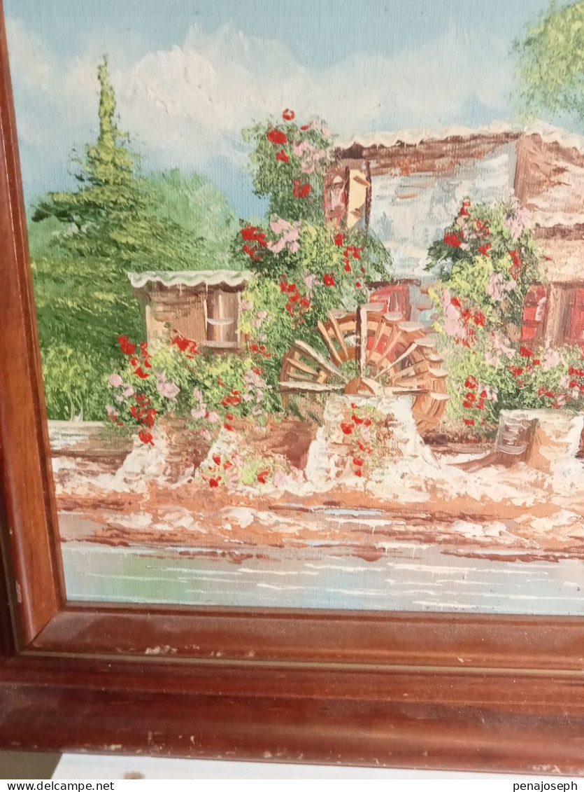 tableau ancien peinture à huile signé, moulin 37 cm x 32 cm