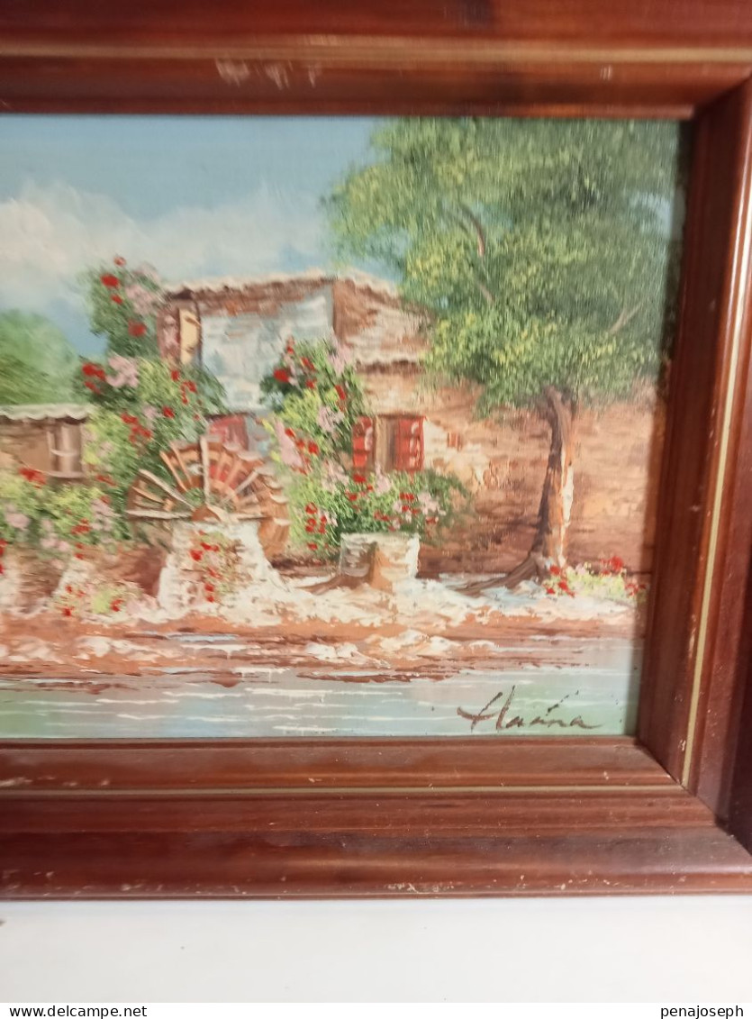 tableau ancien peinture à huile signé, moulin 37 cm x 32 cm