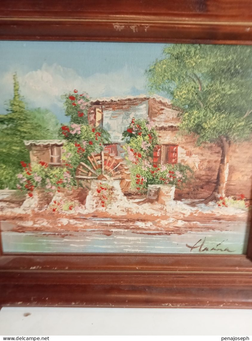 tableau ancien peinture à huile signé, moulin 37 cm x 32 cm