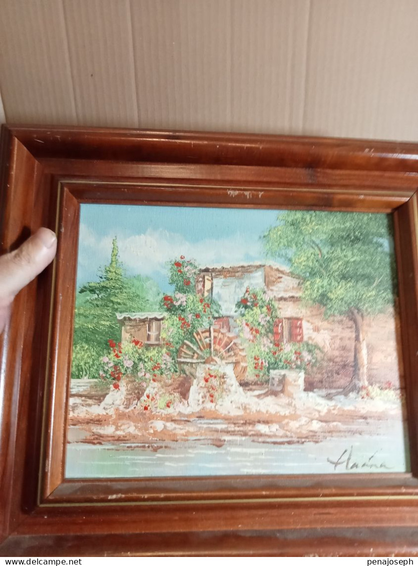 tableau ancien peinture à huile signé, moulin 37 cm x 32 cm